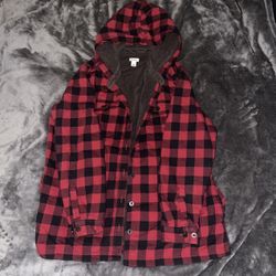 LL Bean Jacket Mens Large Red Buffalo Plaid Hooded Flannel Fleece Lined Jacket