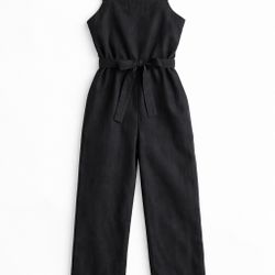 Quince 100% European Linen Square Neck Jumpsuit w/ Belt Black Size L NWT
