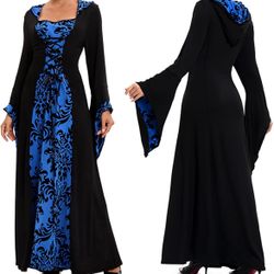 Blue Medieval Renaissance Gothic Hooded Maxi Dress Flared Sleeves, 5XL *NEW*