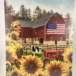  Red Barn, American Flag & Sunflowers Lights Up