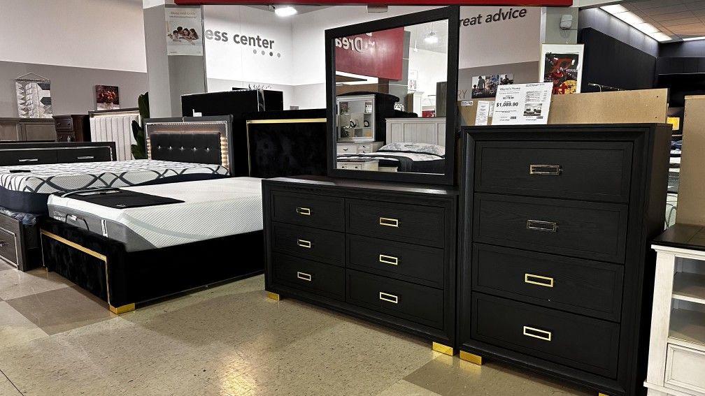 AP- Black/Gold Panel Upholstered Bedroom Set- 4-Piece (Bed, Dresser, Mirror, Nightstand)