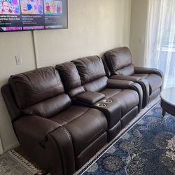 Brown Manual Leather Reclining Sofa for Living Room Furniture