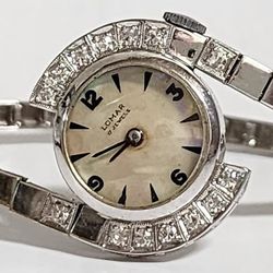 Vintage and Rare Lomar 17 Jewel 14K White Gold and Diamond Ladies Watch