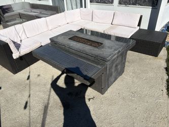 Wicker Sectional Sofa Set with Fire Pit Table