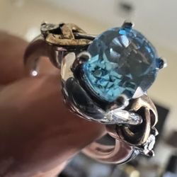 925 14k Blue Topaz Diamond Ring Size 6