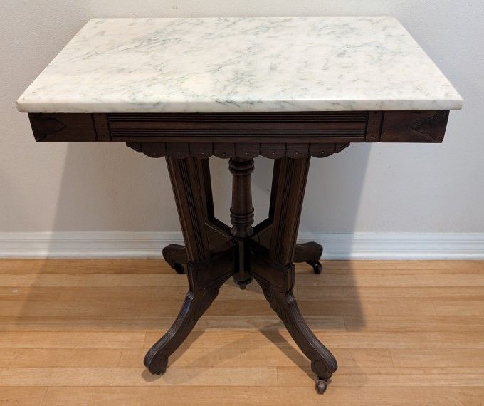 Marble Topped Rolling Wood Parlor Table
