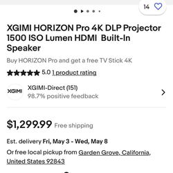 XIMI HORIZON Pro 4K DLP Projector 1500 ISO Lumen HDMI Built-In Speaker Buy HORIZON Pro and get a free TV Stick 4K ***** 5.0 1product rating XGIMI XGIM