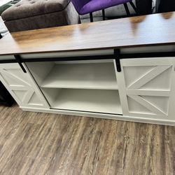 New Entertainment Center with Storage Cabinets and Sliding Barn Doors, Mid Century Modern Media TV Console Table for Living Room Bedroom (Bright White