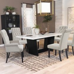 Brand New Sand & White Marble Top 7pc Dining Table Set