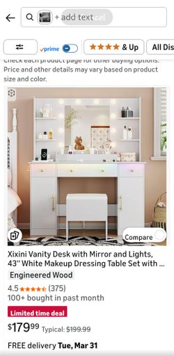 Vanity Desk with Mirror and Lights, 43'' White Makeup Dressing Table Set with 5 Drawers & Chair, Power Outlet, 3 Lighting Modes