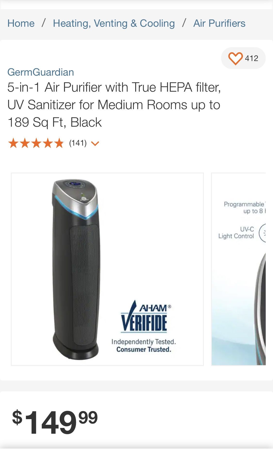 GermGuardian 5-in-1 Air Purifier with True HEPA filter, UV Sanitizer