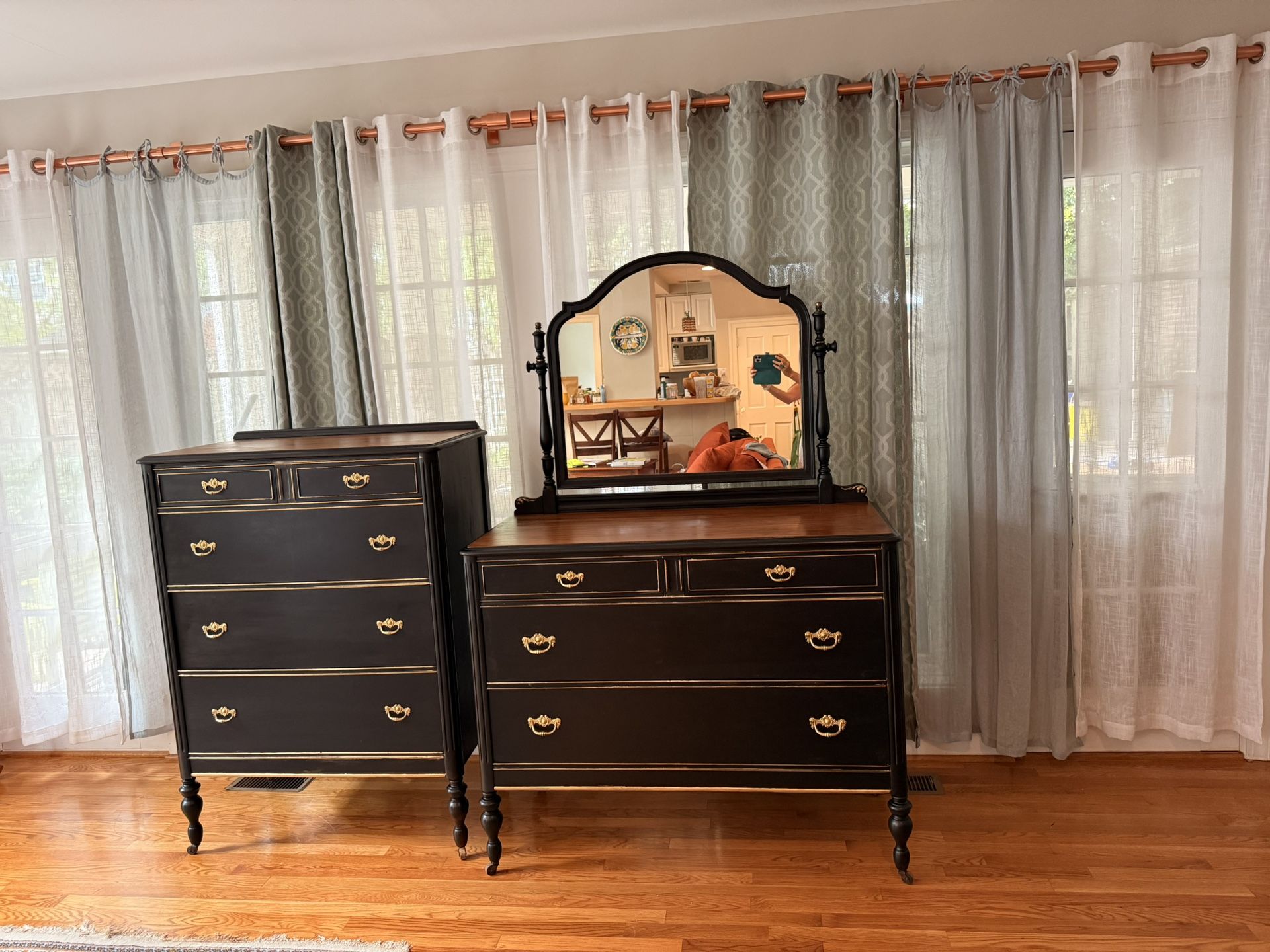 Tall boy and long dresser, matching set, solid wood.