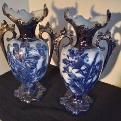 Two Flow Blue Cobalt Mantel Vases 