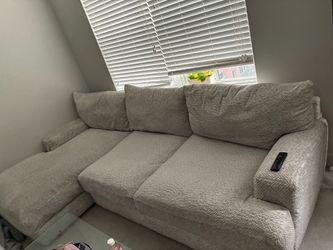 Grey and tan L shaped couch/sofa