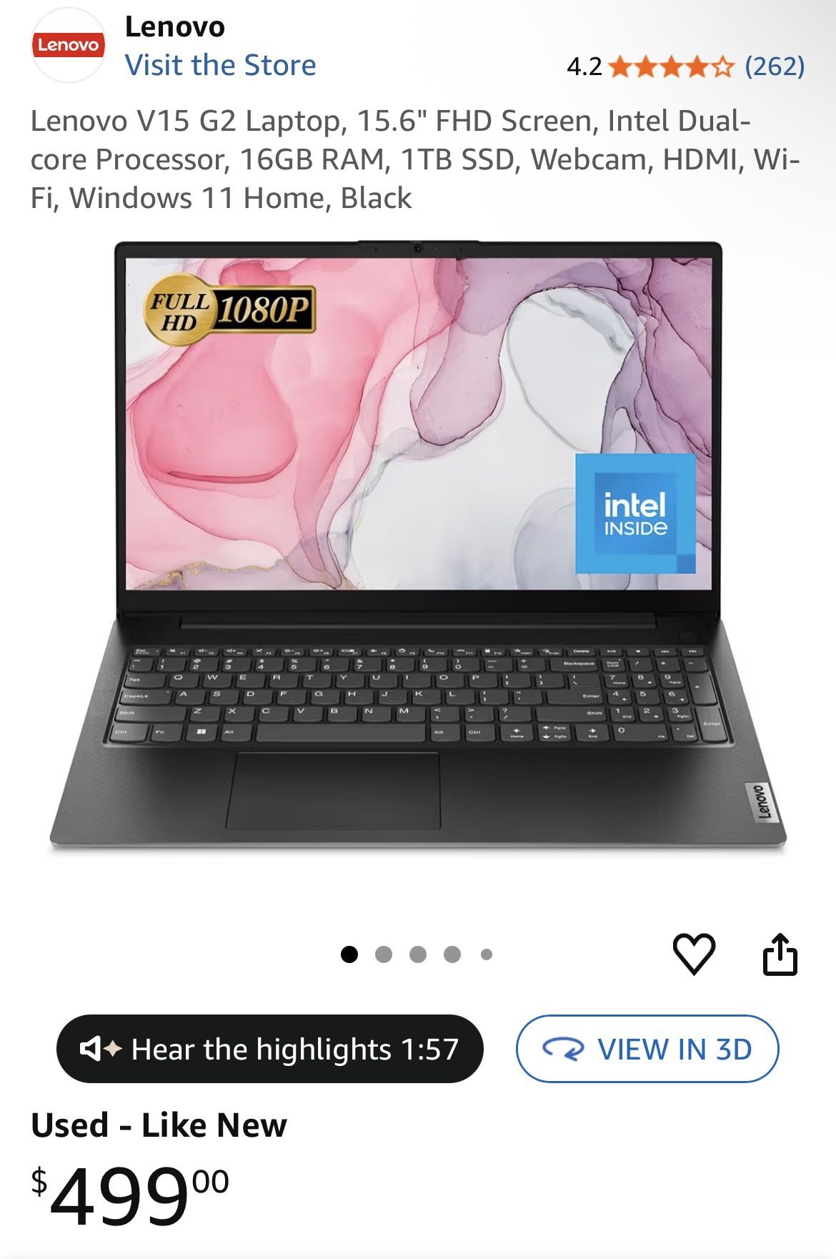 Lenovo V15 G2 Laptop, 15.6" FHD Screen, Intel Dual-core Processor, 16GB RAM, 1TB SSD, Windows 11 Home