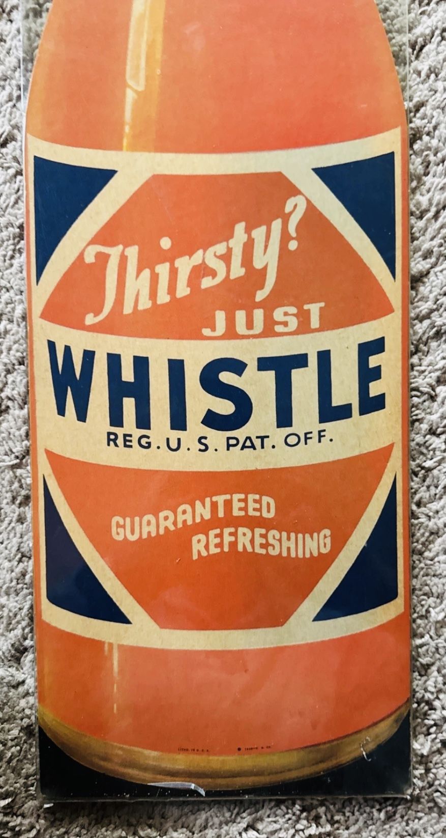 Vintage 1939 Whistle Soda Large Cardboard Sign