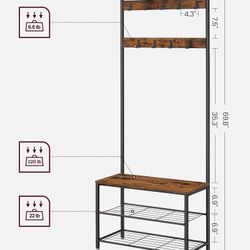 Coat Rack, Hall Tree with Shoe Storage Bench, Entryway Bench with Shoe Storage, 3-in-1, Steel Frame,