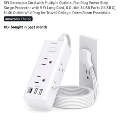 5Ft Extension Cord with Multiple Outlets, Flat Plug Power Strip Surge Protector with 5 Ft Long Cord, 6 Outlet 3 USB Ports (1 USB C), Multi Outlet Wall