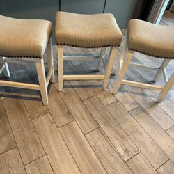 3 Counter Stools Grey Material With Wood