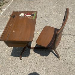 Mid-Century Children's Young Adult School Desk w/ Attached Chair - Metal & Wood