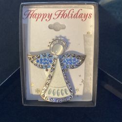 Happy Holidays Angel Blue Rhinestone  And White Enamel Pin 2” Signed KC