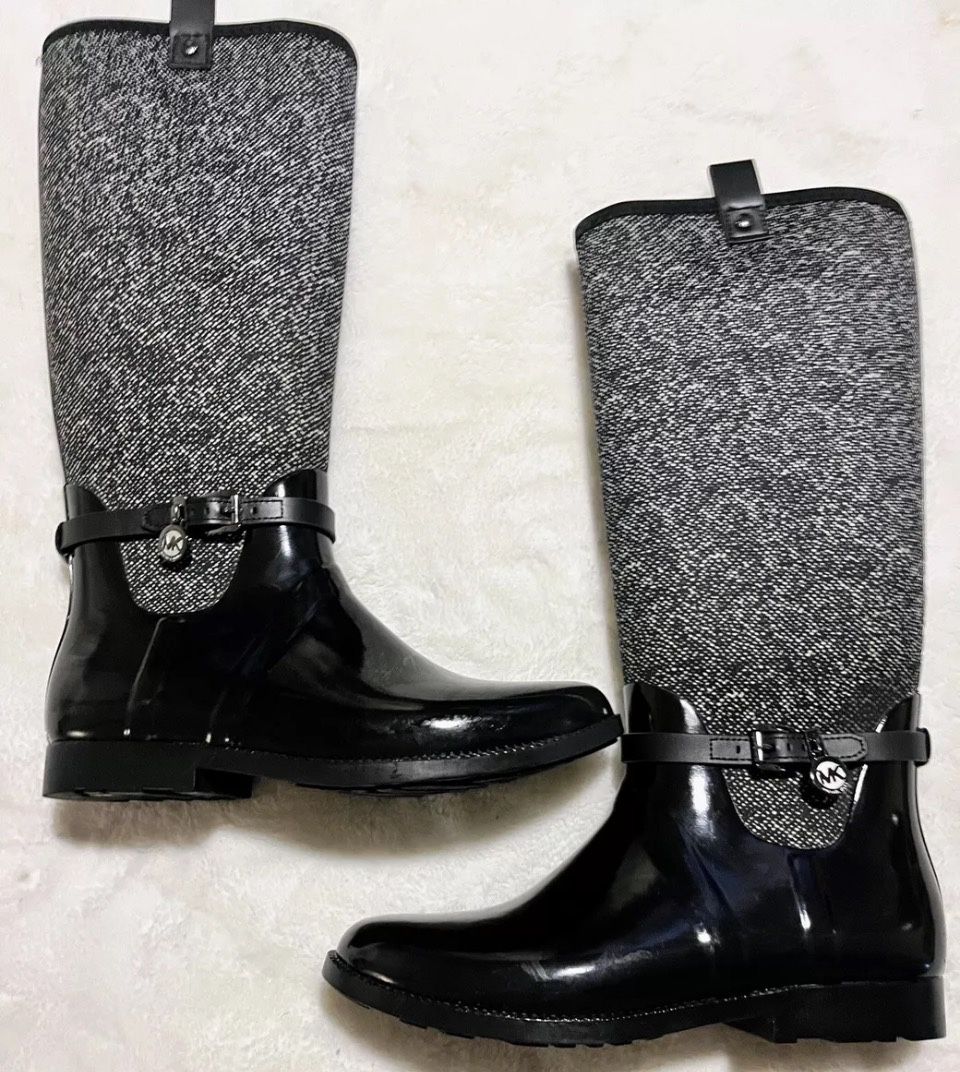 New MICHAEL KORS MK CHARM Black White Stretch Tall Rain Boots Women’s Size 10