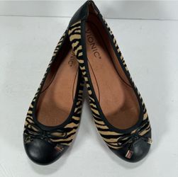 Vionic Minna Tan Black Tiger Print Cap Toe Ballet Flats Comfort Shoes Women 6.5