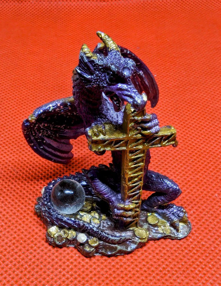 VTG Pewter Dragon w/ Crystal Ball 2.25" Tall. Purple with Generous Sparkles!