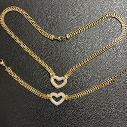 Gold plated heart chain with bracelet set.