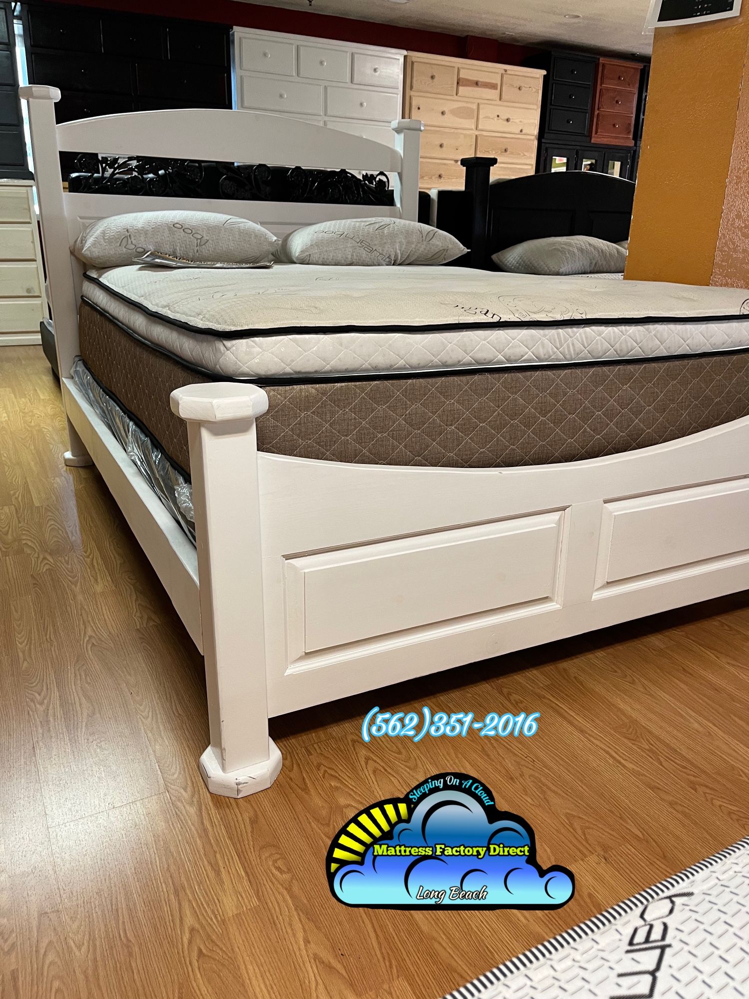 Queen Solid White Wood Bed Frame & Memory Mattress Set Included