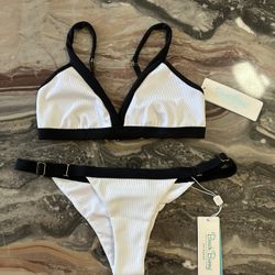 NEW Beach Bunny Presley White & Black Ribbed Triangle Top M & Skimpy Bottoms SM