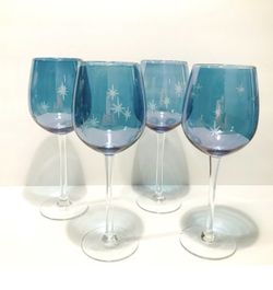 Vintage Blue Iridescent Etched Starburst Set of 4 Wine Glasses 9.25”