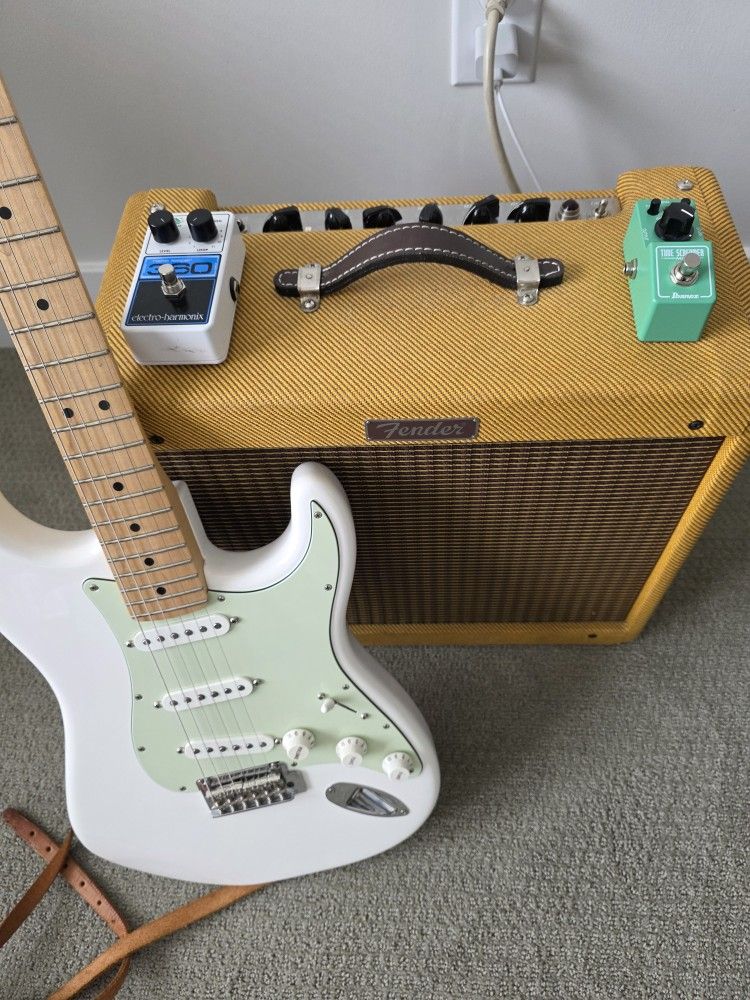 Fender MIM Stratocaster, Blues JR 15-Watt Tweed 1x12 Combo, Electro Harmonix Nano Looper 360, And Ibanez Mini Tube Screamer