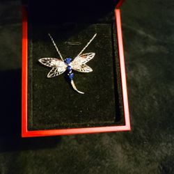 10k White Gold Blue Sapphire And Diamond Dragonfly Necklace 