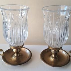 Pair Vintage International Silver Co. Brass & Crystal Glass Candle Holders