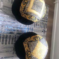 Moderne Velvet Ottoman Quantity: 2 Color: black and yellow  Dimensions each one: 16” H X 17” W Very clean and very good condition 