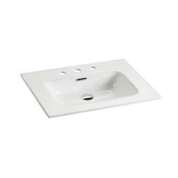 29.90 in. Integrated white ceramic basin with three predrilled faucet holes, drain assembly NOT included