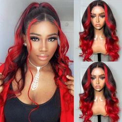 26 Inch Red And Black Ombre Lace Front Wig Human Hair Body Wave