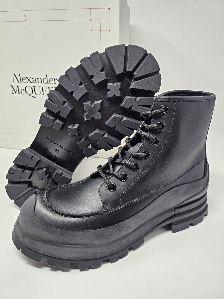 Alexander McQueen 42 9 Black Military Combat Boot Rubber Trim Guard Toe Waterproof Sole Hiking Hiker ITALY