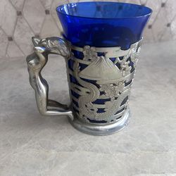 Vintage Japanese Dragons Tankard Blue Cobalt Glass Chrome Nude Woman Handle Stein Mug