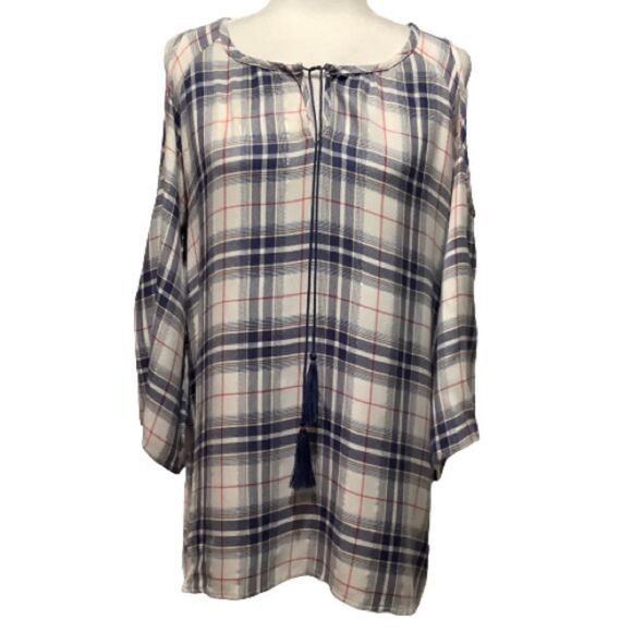 Kenneth Cole Reaction Plaid Cold Shoulder Tunic Top Sz S