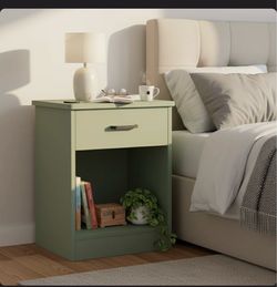 Set of 2 Sage Green Nightstand with Drawer and Open Shelf