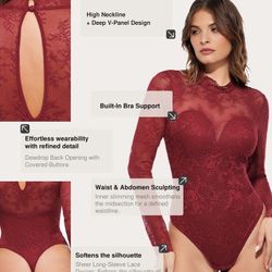 Shapewear Mock Neck Long Sleeve Floral Lace Bodysuit