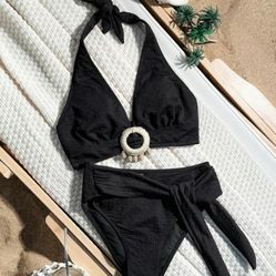 Two-Piece Set Women's Solid Color Bikini Set, Casual Fashion Chic Swimsuit Set for Beach Holiday Vacation, Ladies Swimwear for All Seasons