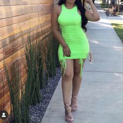 Women’s Neon Green Ruched Bodycon Dress Only Sizes Small & Medium Available Brand New
