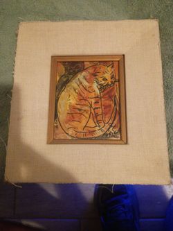 Original Signed Cat Painting in Wood Frame