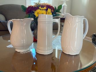 Set of 3 White Glazed Porcelain Pitchers. Measurements in Pictures