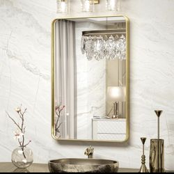 Brand New 20 x 30 Inch Gold Bathroom Wall Mirror Vanity Metal Frame Round Corner Rectangular for Home Decor Living Room Entryway HorizontalVertical