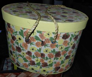 Vintage 1960s Yellow Floral Print Fabric Oval Sewing Basket Box