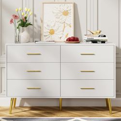 White 6 Drawer Dresser for Bedroom with Gold Handles, Modern Chest of Drawers, Wooden Dressers Organizer for TV Stand,Living Room, Hallway, Entryway